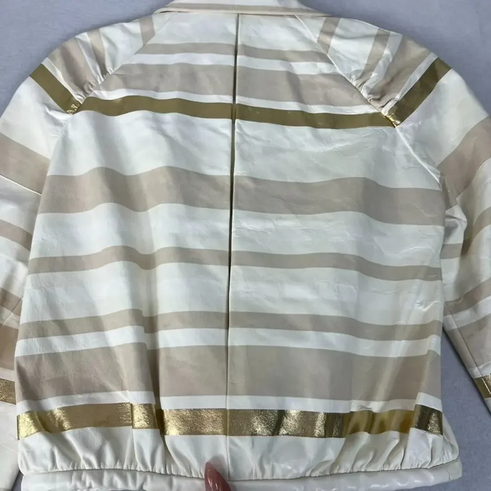 Chanel Lambskin Leather Jacket Women's Size 36 Beige & Gold Stripe Detail Zip